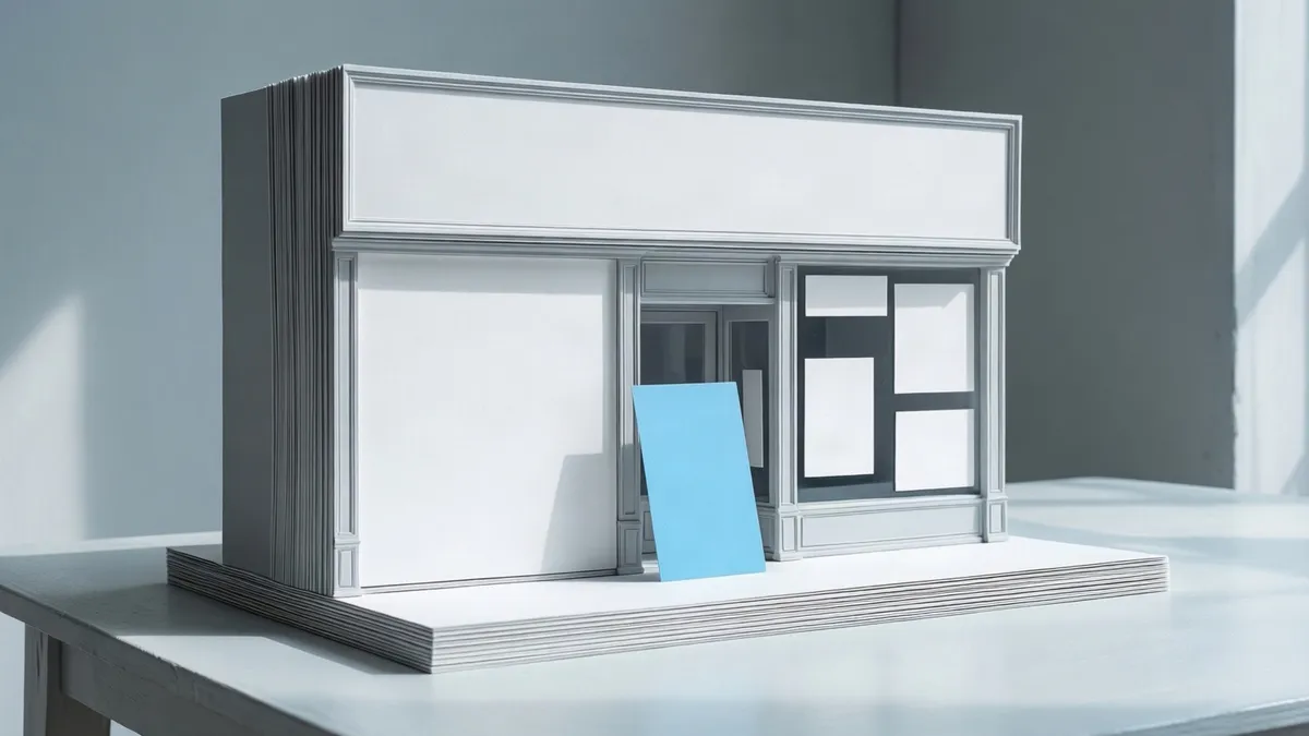 White paper storefront model with detailed trim and a leaning blue card sits on a white table.