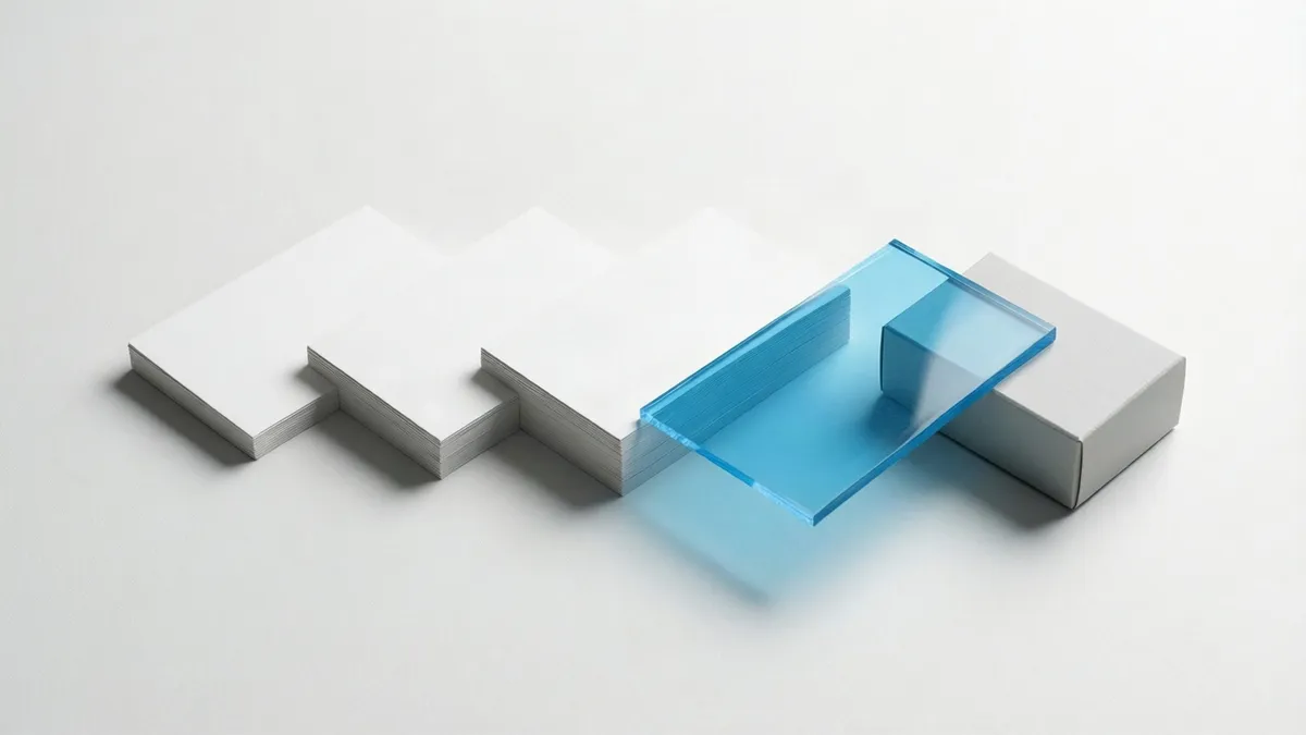 Three stacks of blank white cards arranged in a stepped line on a pale surface, with a translucent sky-blue acrylic bar lying across them and a plain grey box at the end