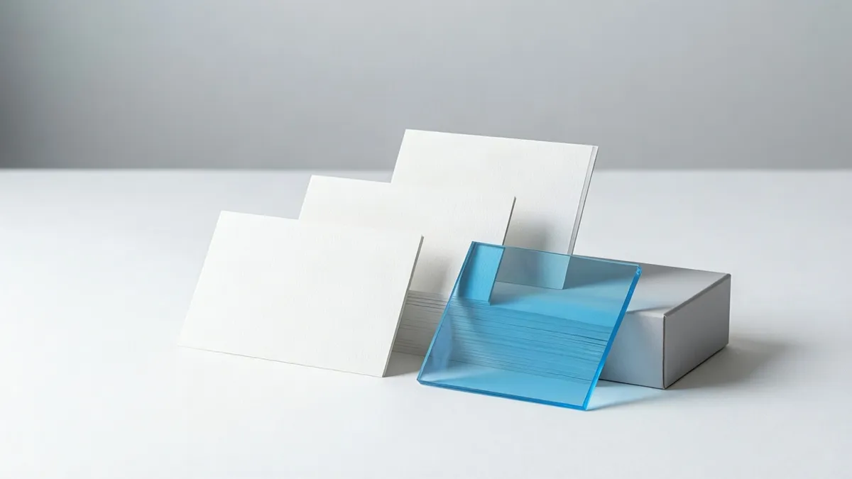 Three blank white cards standing in a stepped row on a pale grey surface, with a translucent sky-blue acrylic sheet leaning against them and a plain grey box behind