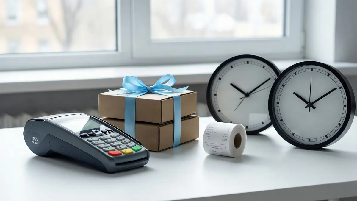 A payment terminal, two stacked gift boxes with a blue ribbon, a receipt roll, and two round clocks sit on a white table by a window.