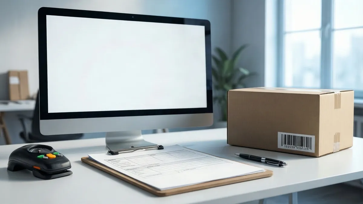 A desktop computer with a blank white screen sits on a white desk beside a cardboard box, clipboard, black pen, and handheld scanner.