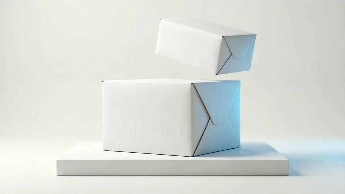 A plain white cardboard parcel on a white plinth against an off-white background, with a second smaller parcel suspended above it and a soft blue reflection along one edge