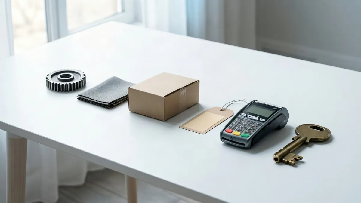 A gear, folded cloth, cardboard box, tag, card reader, and two brass keys sit in a row on a white table.