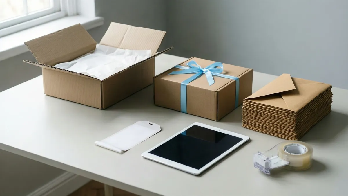 A gray table displays an open cardboard box, a closed box with a blue ribbon, brown paper bags, a tablet, a label, and tape.