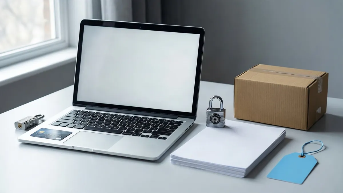 A silver laptop with a white screen sits on a white desk near a cardboard box, padlock, paper stack, and blue tag.
