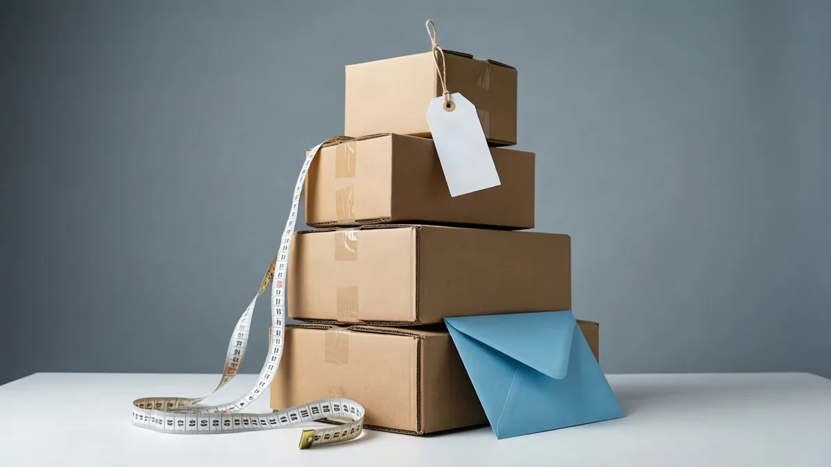 A stack of four brown cardboard boxes sits on a white surface with a measuring tape, a white tag, and a blue envelope.