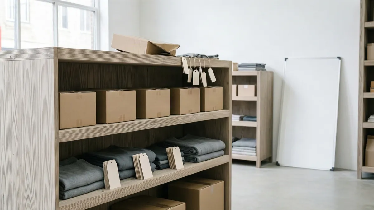 Light wood shelving holds brown boxes and folded grey fabric with hanging tags in a bright room.