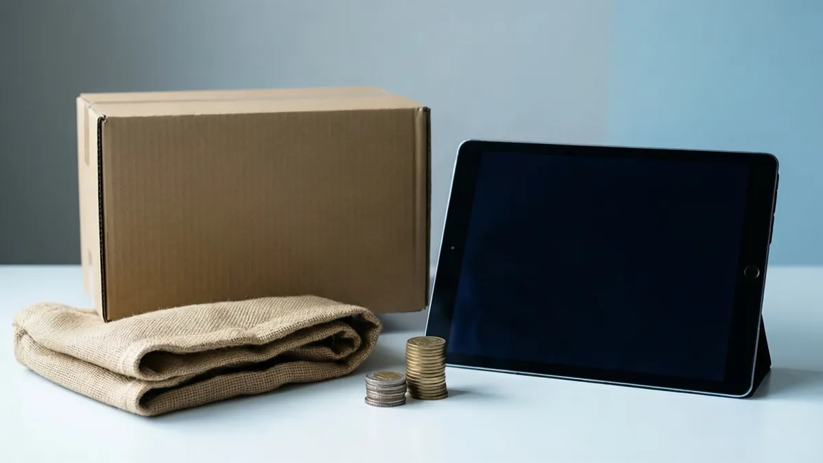 A brown cardboard box, folded burlap fabric, stacks of coins, and a black tablet rest on a white surface.