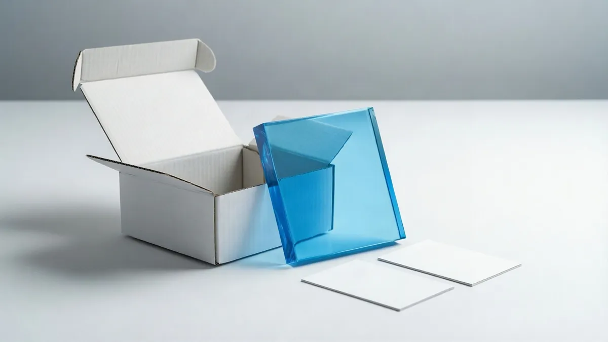 An open empty white cardboard box on a pale grey surface with a translucent sky-blue acrylic square leaning against it and two blank white cards lying nearby